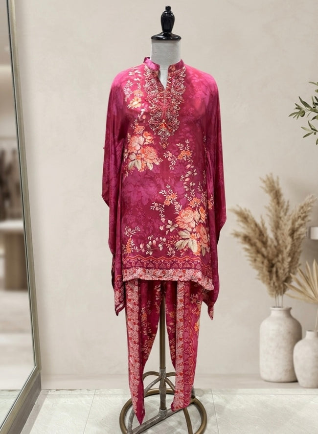 Magenta Floral Satin Kaftan & Dhoti Pant Set Hover Image