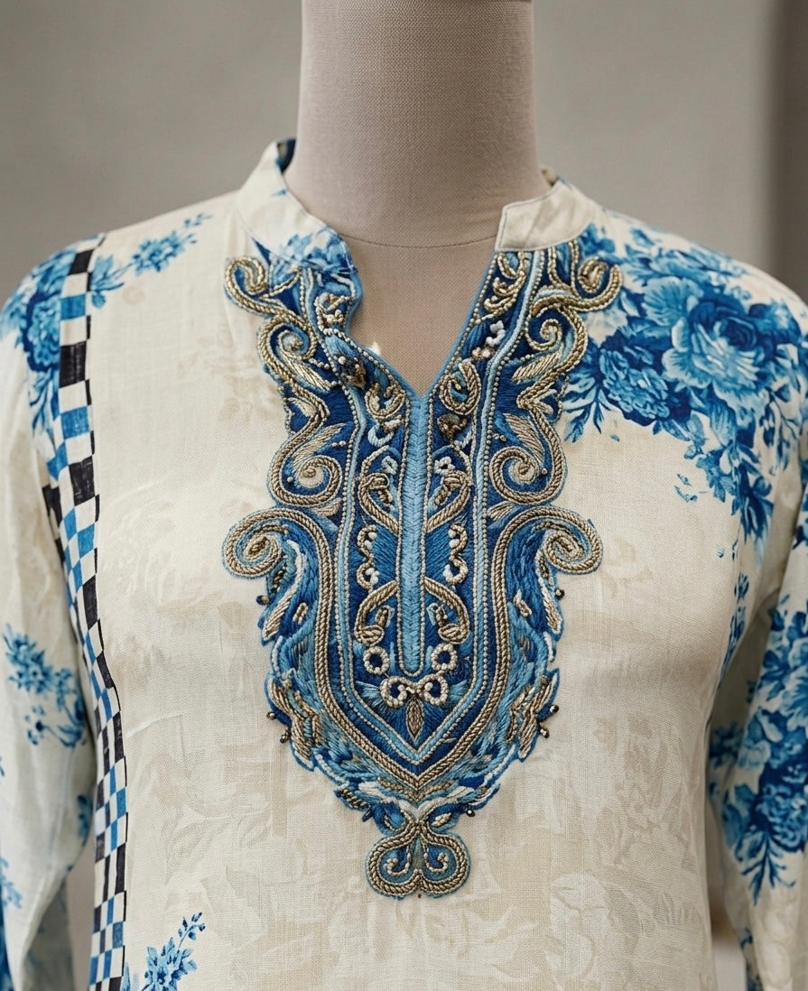 Straight kurta with floral prints and checkered side panels.