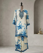 Straight kurta with floral prints and checkered side panels.