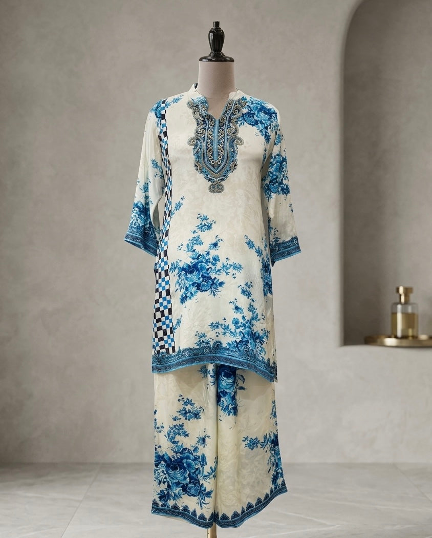Straight kurta with floral prints and checkered side panels.