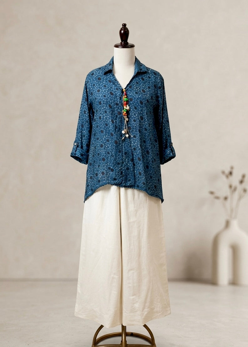 Indigo Blue Printed High-Low Kurta Set with Ivory Wide-Leg Pants