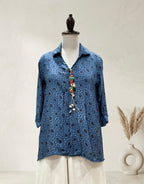 Indigo Blue Printed High-Low Kurta Set with Ivory Wide-Leg Pants