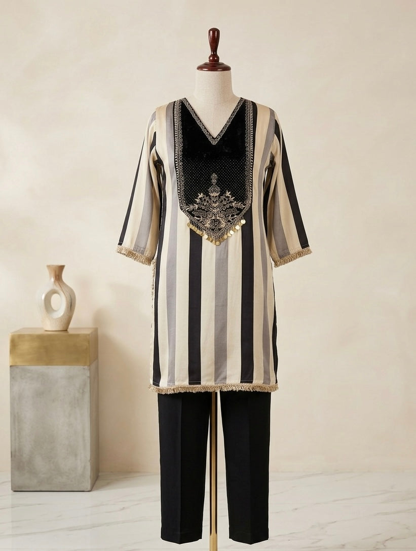 Charcoal Striped Kurta Set with Velvet Embroidered Yoke & Straight Pants
