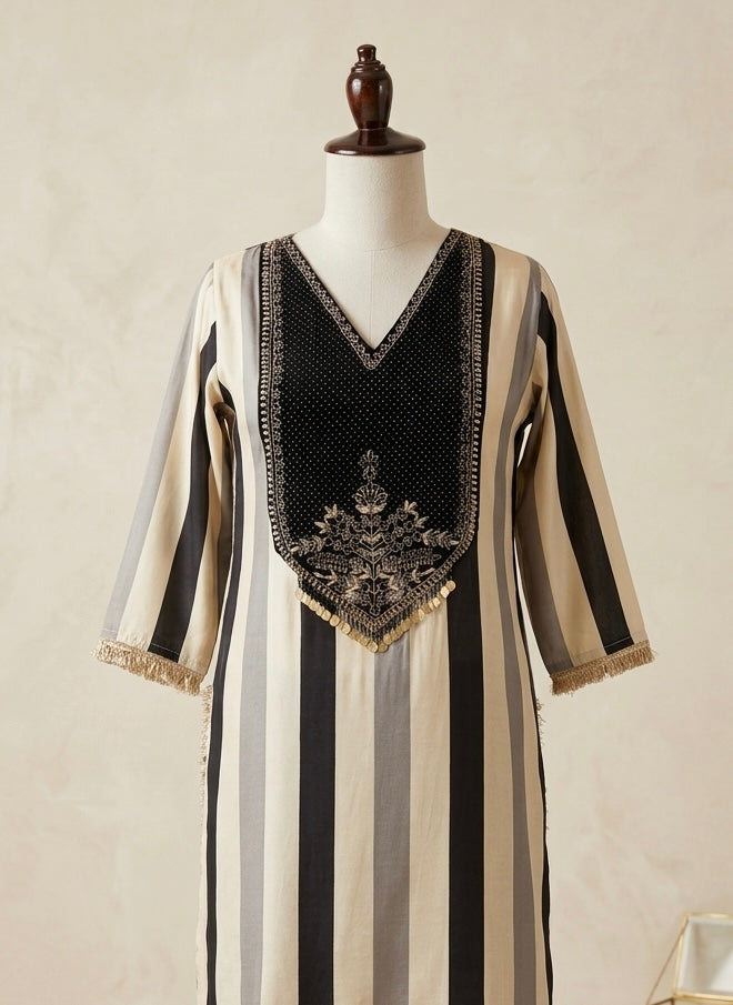 Charcoal Striped Kurta Set with Velvet Embroidered Yoke & Straight Pants