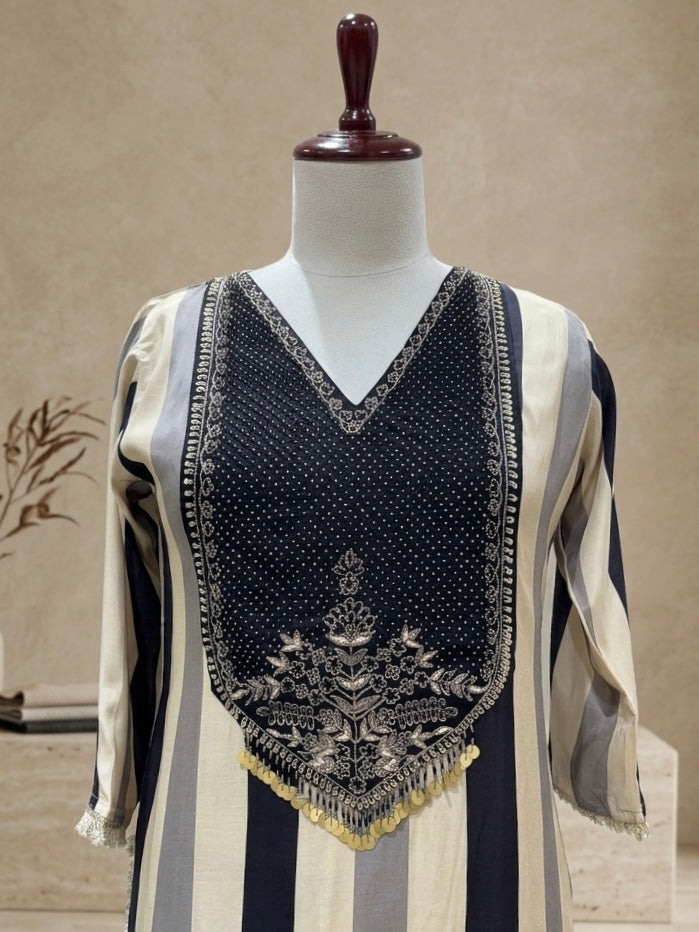 Charcoal Striped Kurta Set with Velvet Embroidered Yoke & Straight Pants