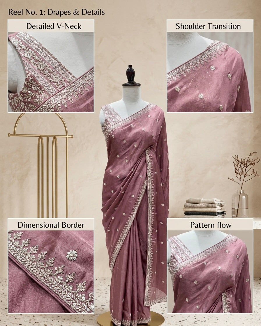 Dusty Mauve Vintage Rose Embroidered Saree