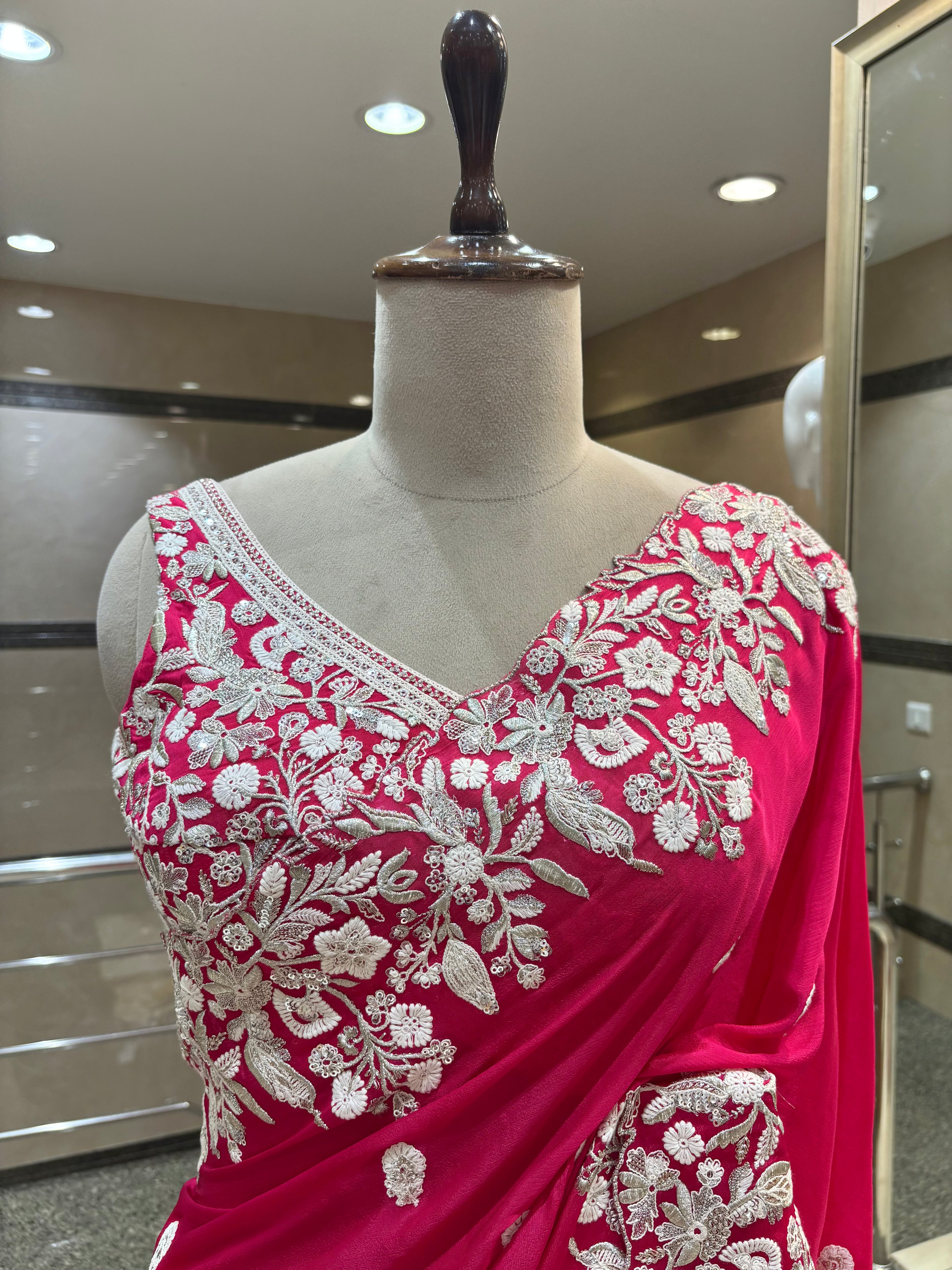 Fuchsia Bloom Hand-Embroidered Saree