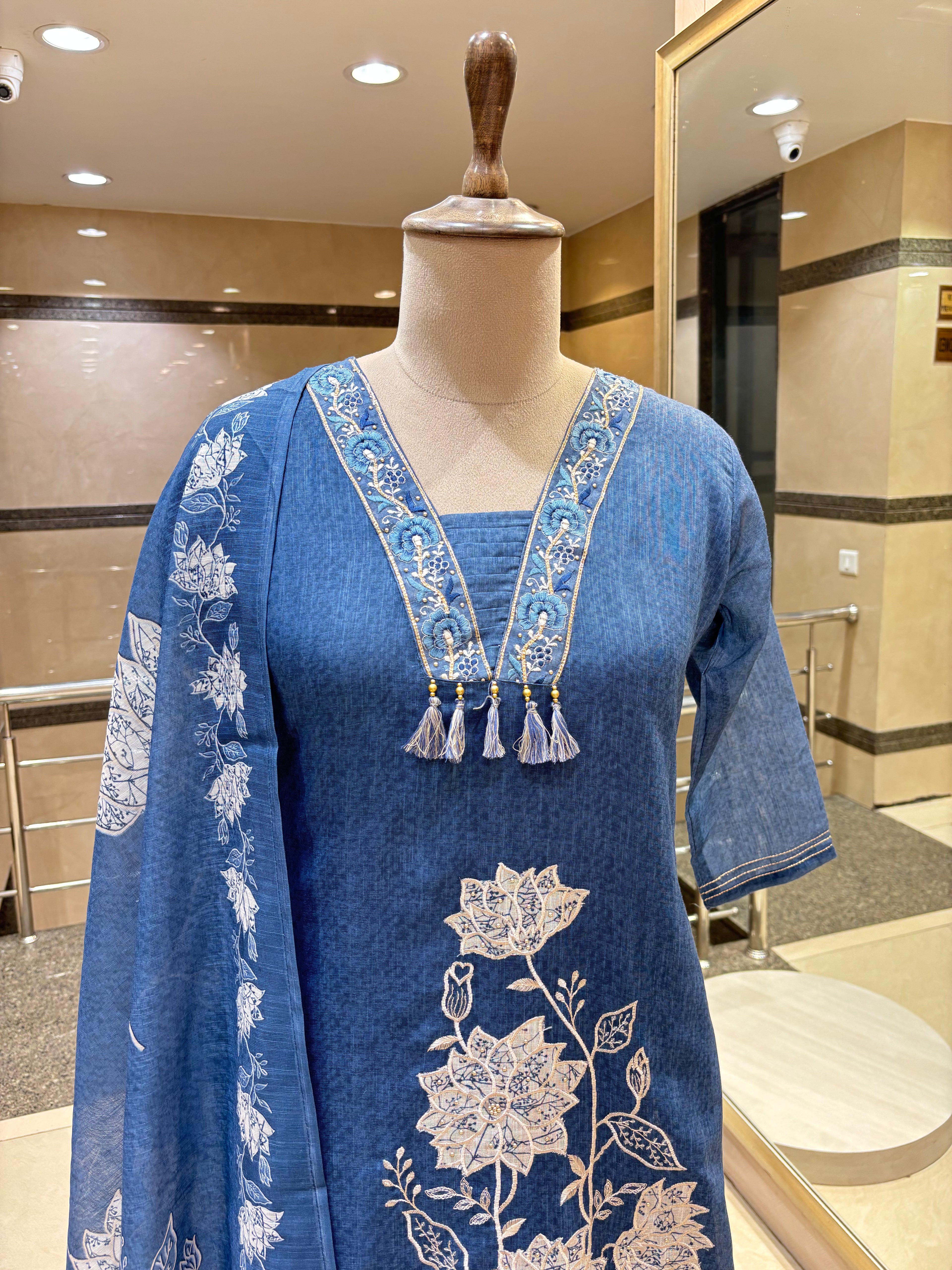 Indigo Blue Floral Hand-Embroidered Suit Set