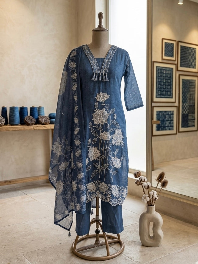 Indigo Blue Floral Hand-Embroidered Suit Set Hover Image