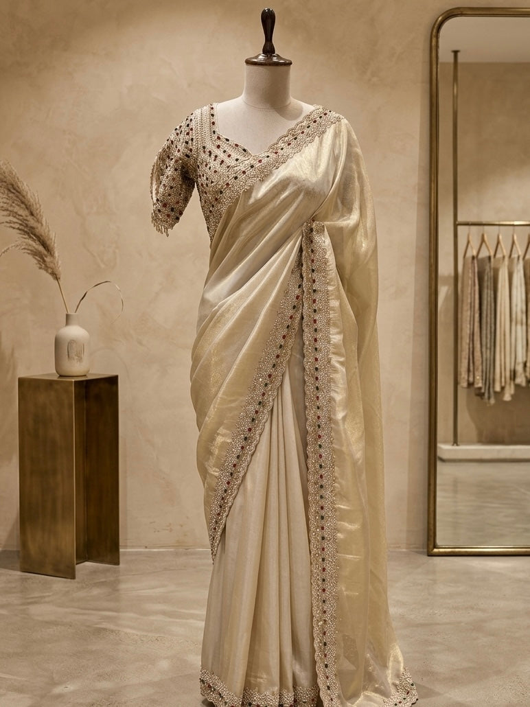 Champagne Gold Hand-Embellished Saree