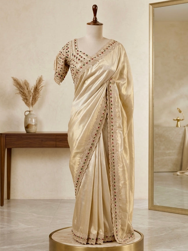 Champagne Gold Hand-Embellished Saree Hover Image