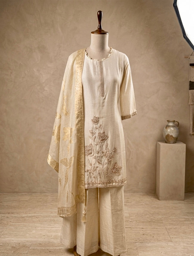 Elegant Ivory Hand-Embroidered Suit Set Hover Image