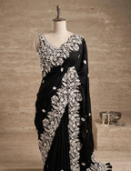 Midnight Black Floral Embroidered Saree