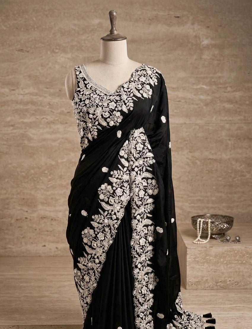 Midnight Black Floral Embroidered Saree