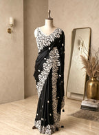 Midnight Black Floral Embroidered Saree