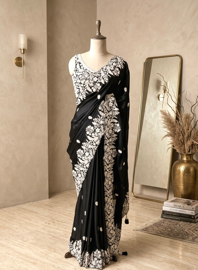 Midnight Black Floral Embroidered Saree