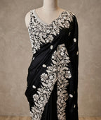 Midnight Black Floral Embroidered Saree