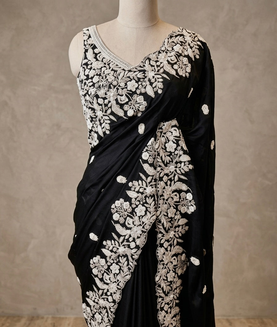 Midnight Black Floral Embroidered Saree