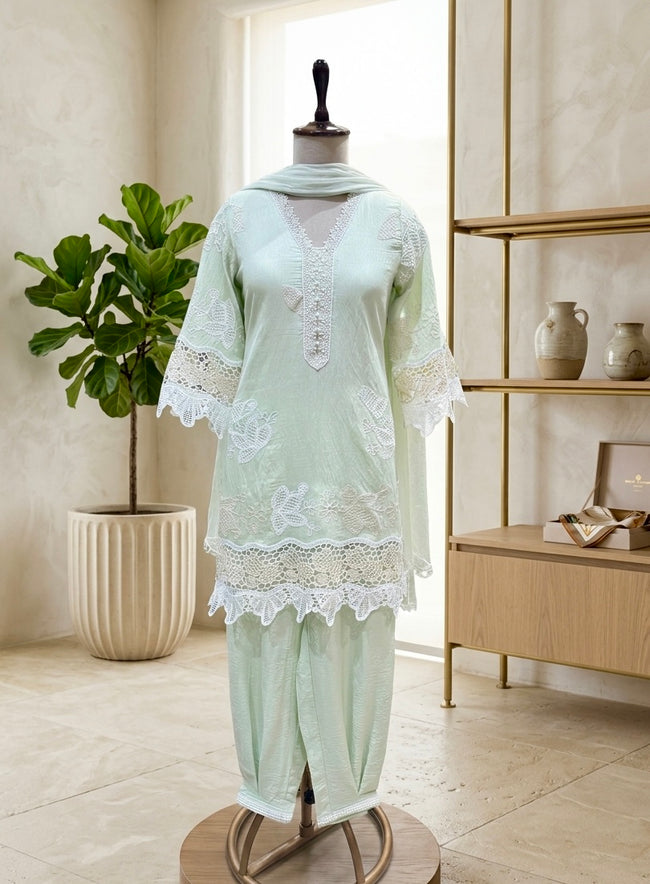 Mint Green Cutwork Lace Kurta Set Hover Image