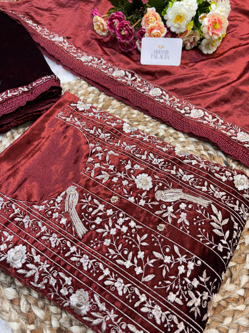 Maroon Velvet Unstitched Suit Set