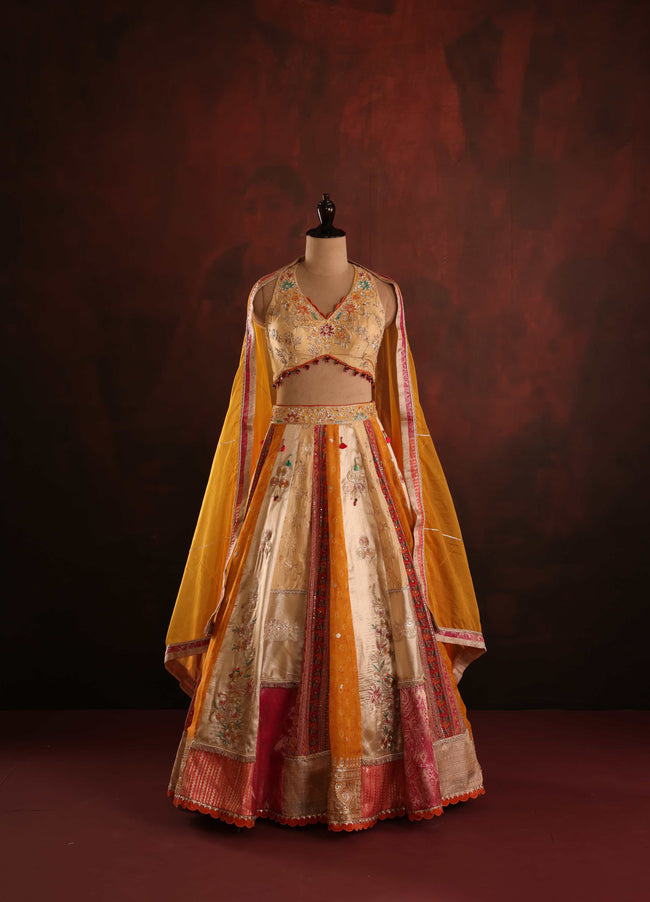 Yellow Heritage Patchwork Lehenga Hover Image
