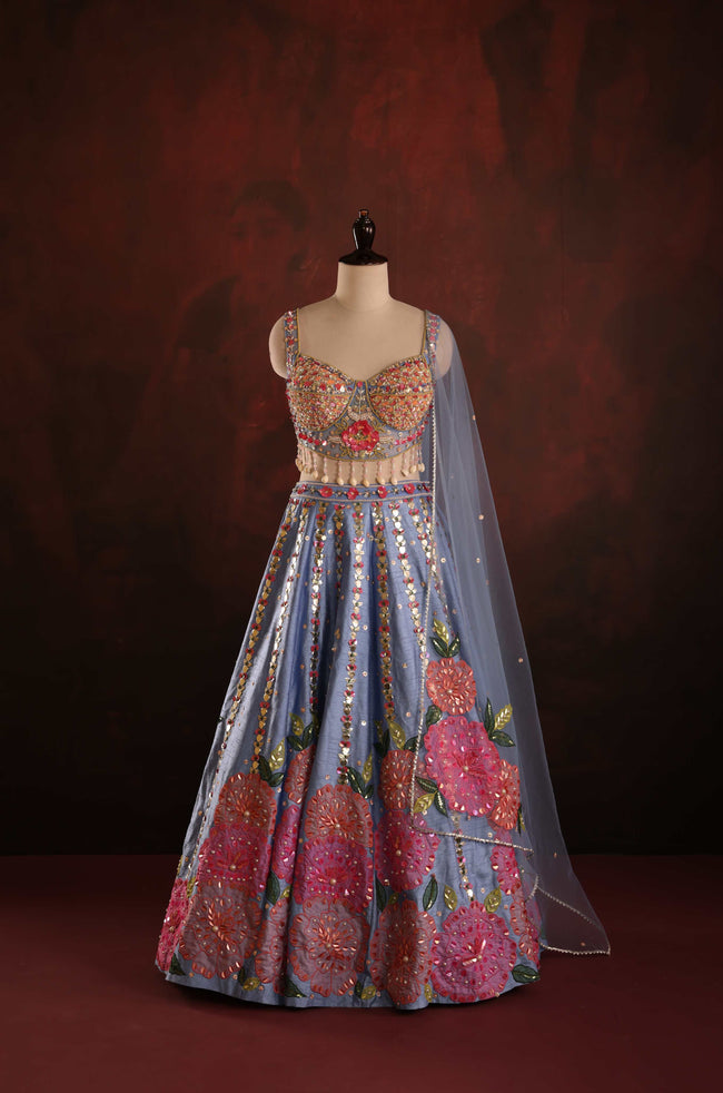 Periwinkle Floral Mirror-Work Lehenga Hover Image