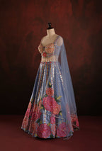 Periwinkle Floral Mirror-Work Lehenga