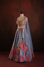 Periwinkle Floral Mirror-Work Lehenga