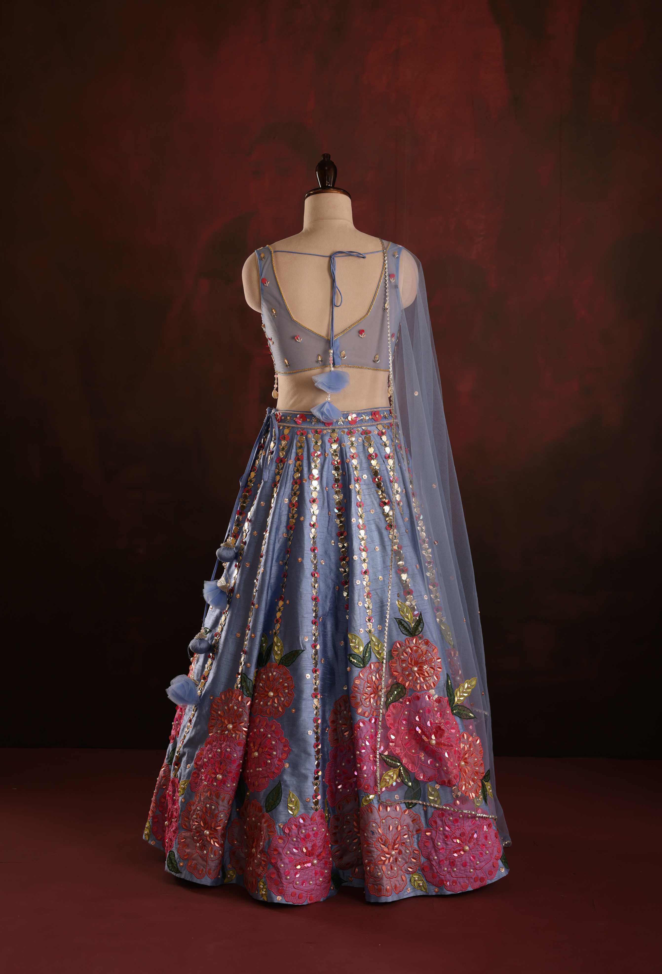 Periwinkle Floral Mirror-Work Lehenga