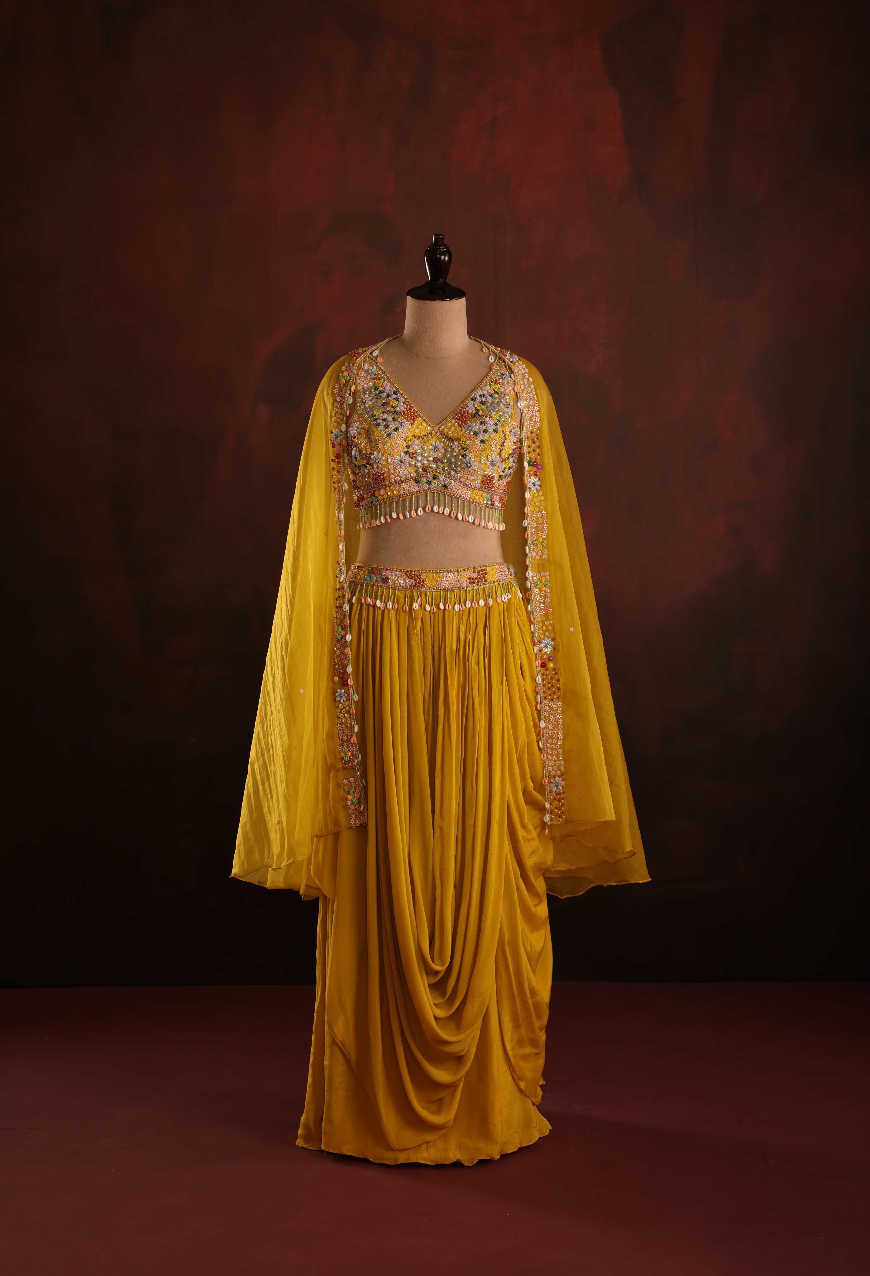 Mustard Boho-Draped Skirt Set