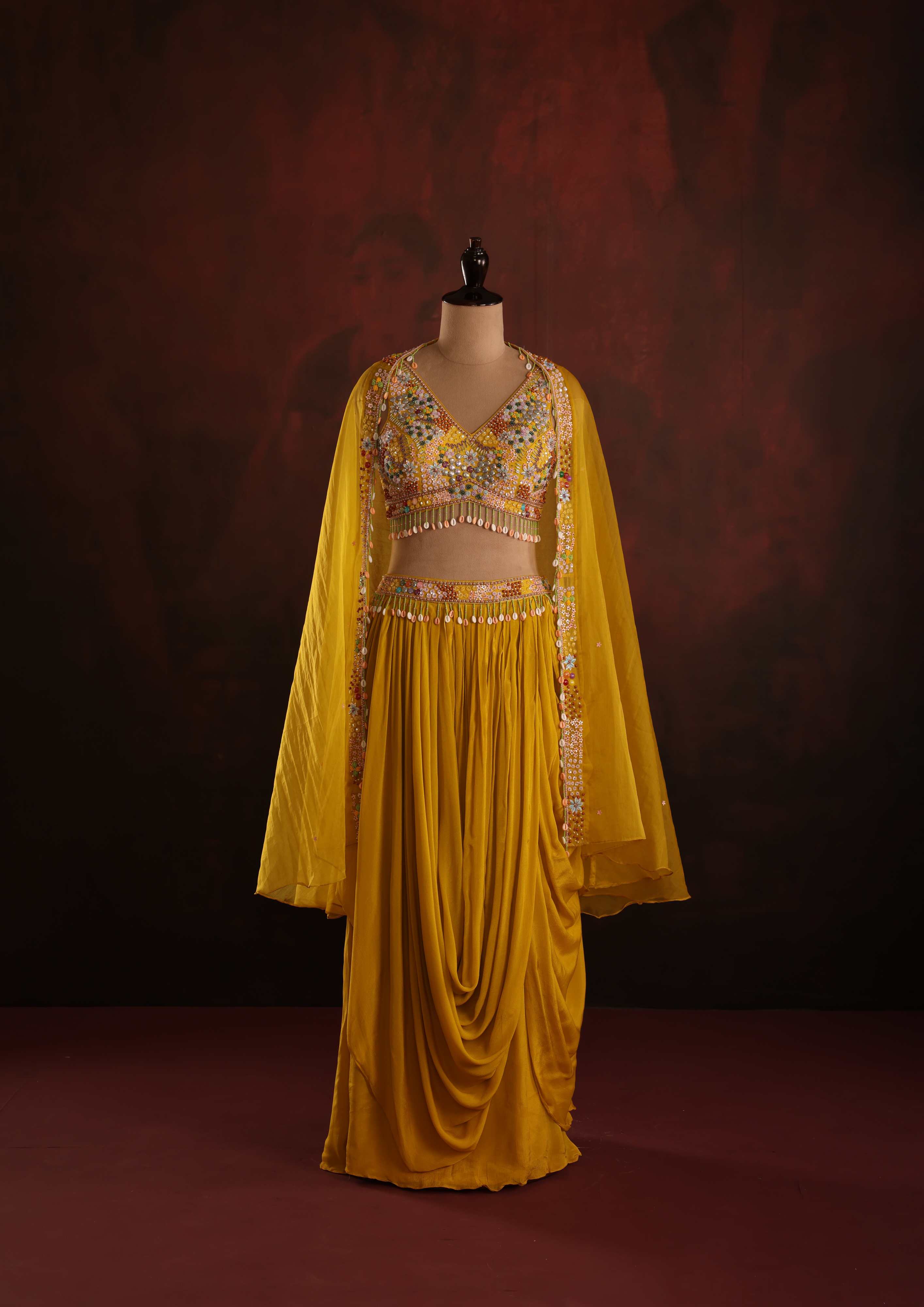 Mustard Boho-Draped Skirt Set