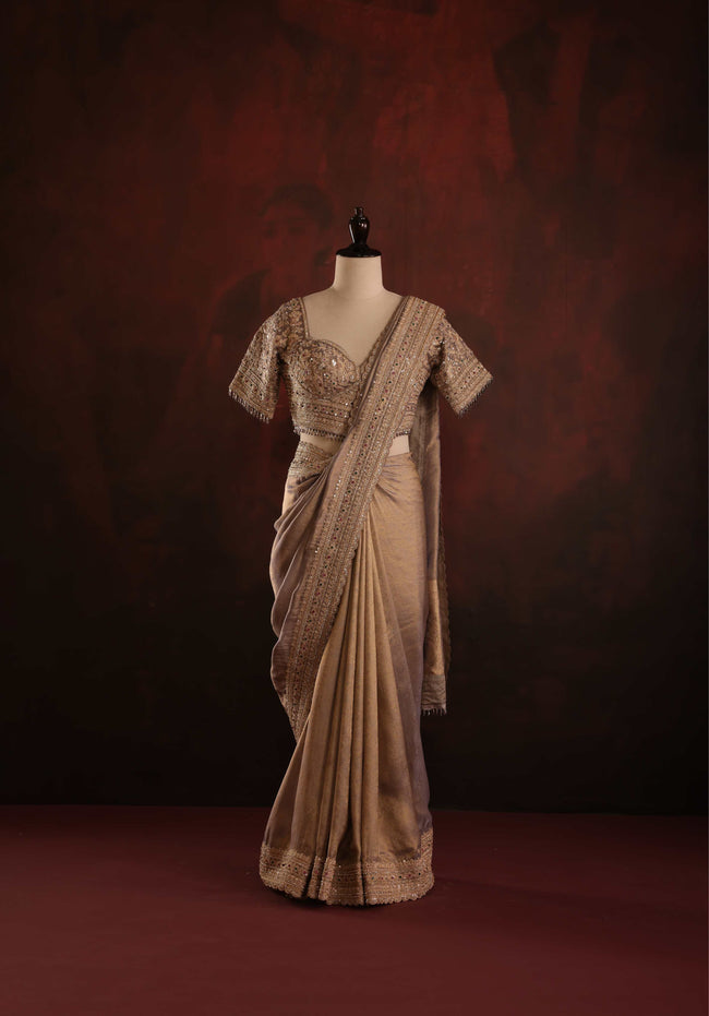 Metallic Bronze Embellished Saree Set Hover Image