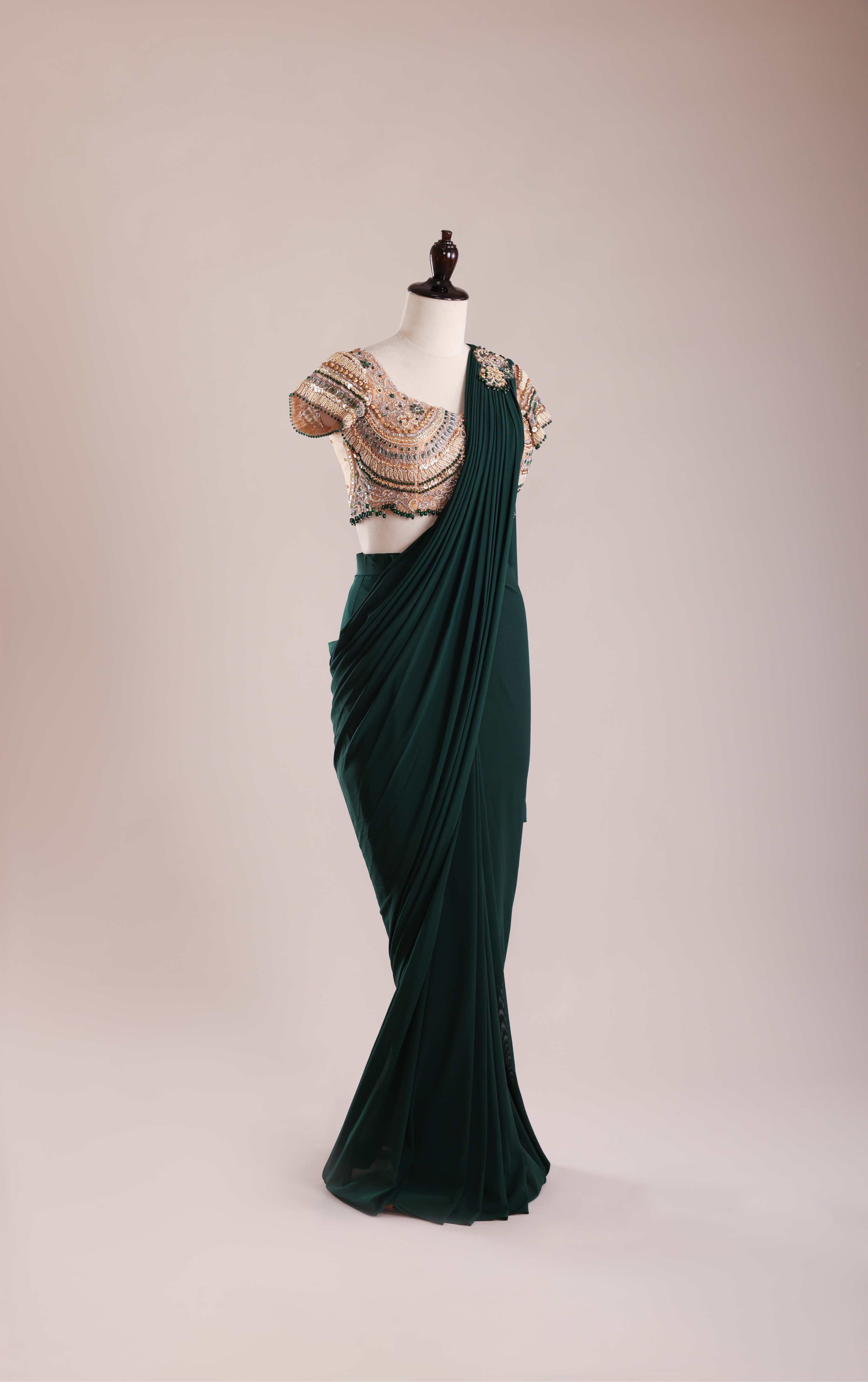Emerald Sculpted Pre-Draped Saree Set