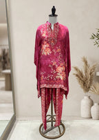 Magenta Floral Satin Kaftan & Dhoti Pant Set