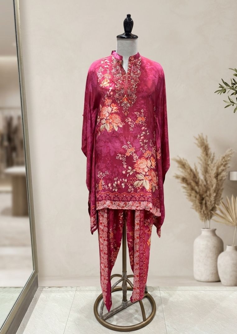 Magenta Floral Satin Kaftan & Dhoti Pant Set