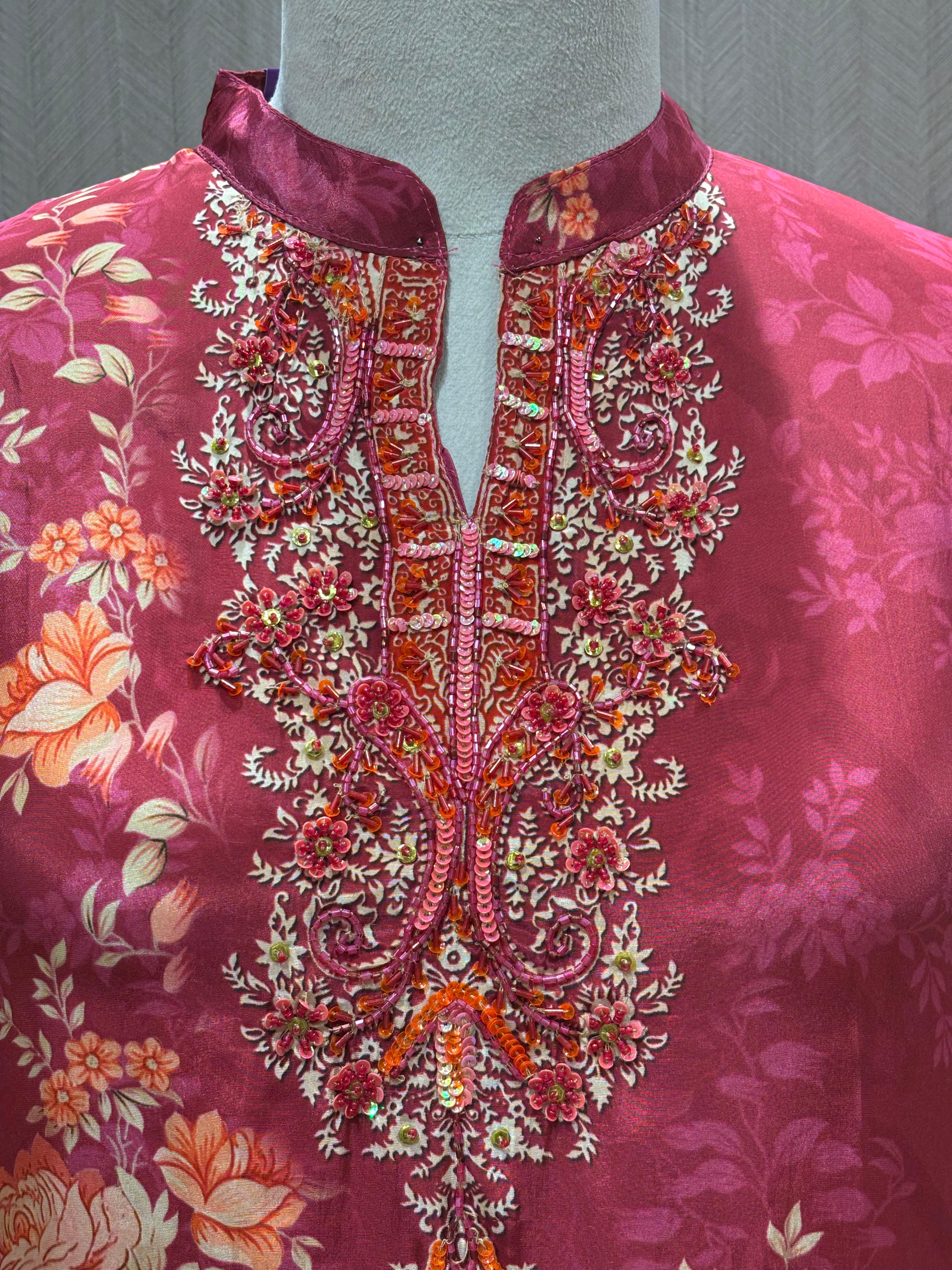 Magenta Floral Satin Kaftan & Dhoti Pant Set