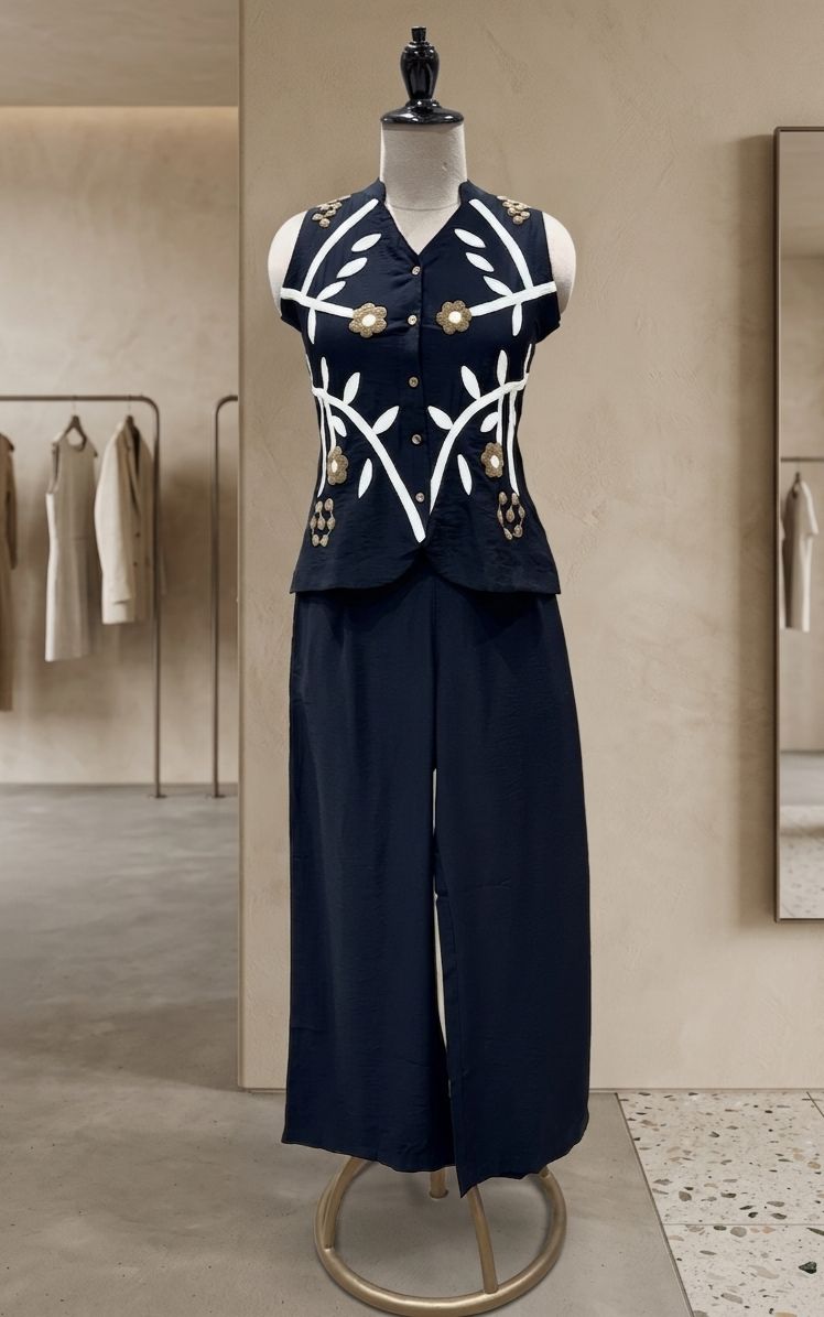 Midnight Vine Waistcoat Set with 3D floral accents