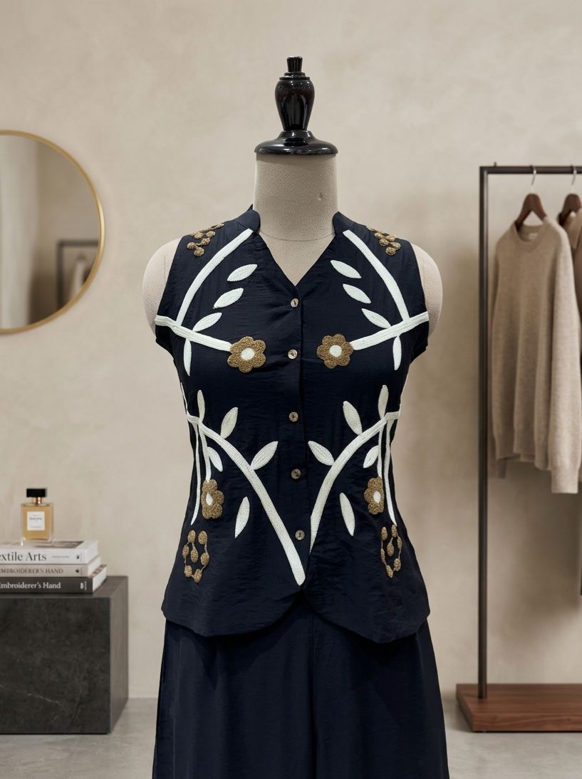 Midnight Vine Waistcoat Set with 3D floral accents