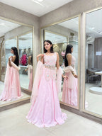 Blush Pink Crape Silk Lehenga Set with Pearl Embroidered Blouse & Dupatta