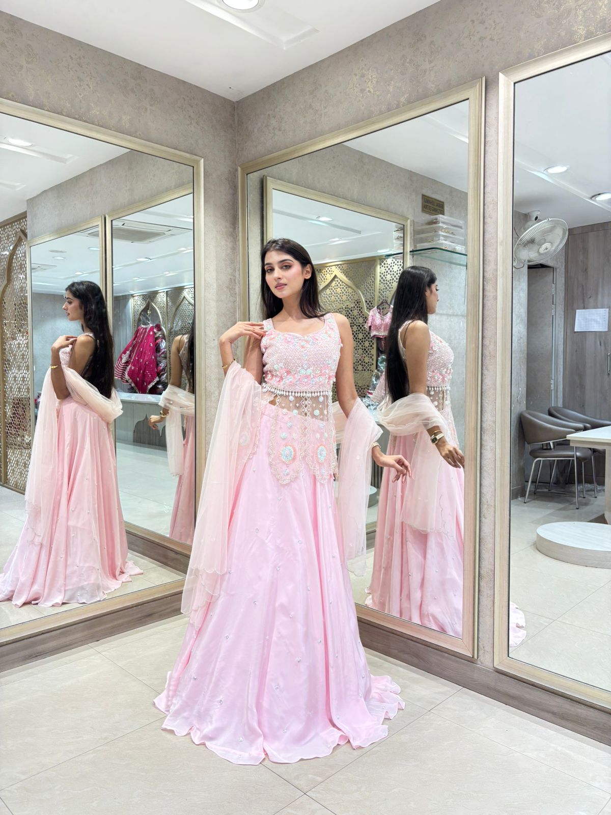 Blush Pink Crape Silk Lehenga Set with Pearl Embroidered Blouse & Dupatta