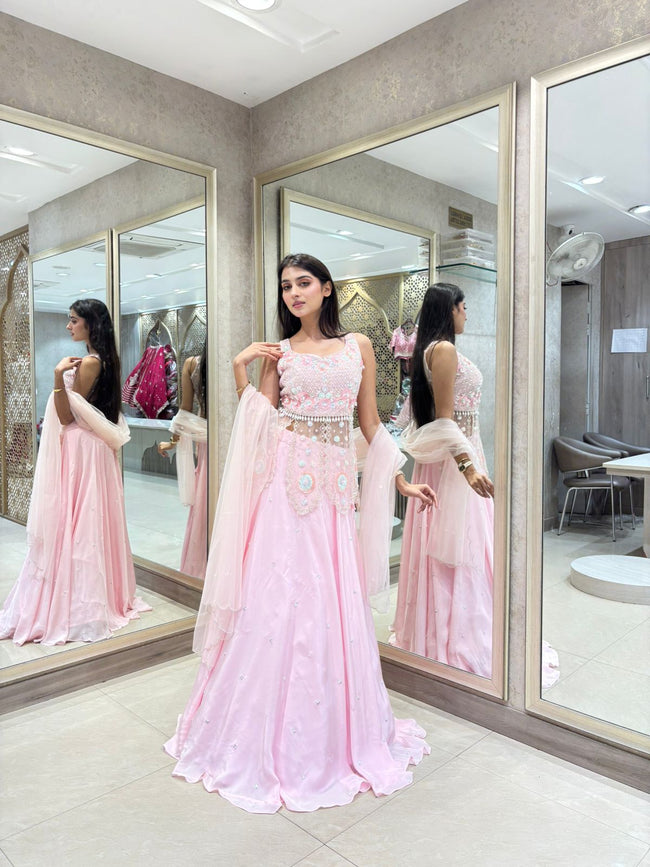 Blush Pink Crape Silk Lehenga Set with Pearl Embroidered Blouse & Dupatta Hover Image