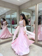 Blush Pink Crape Silk Lehenga Set with Pearl Embroidered Blouse & Dupatta