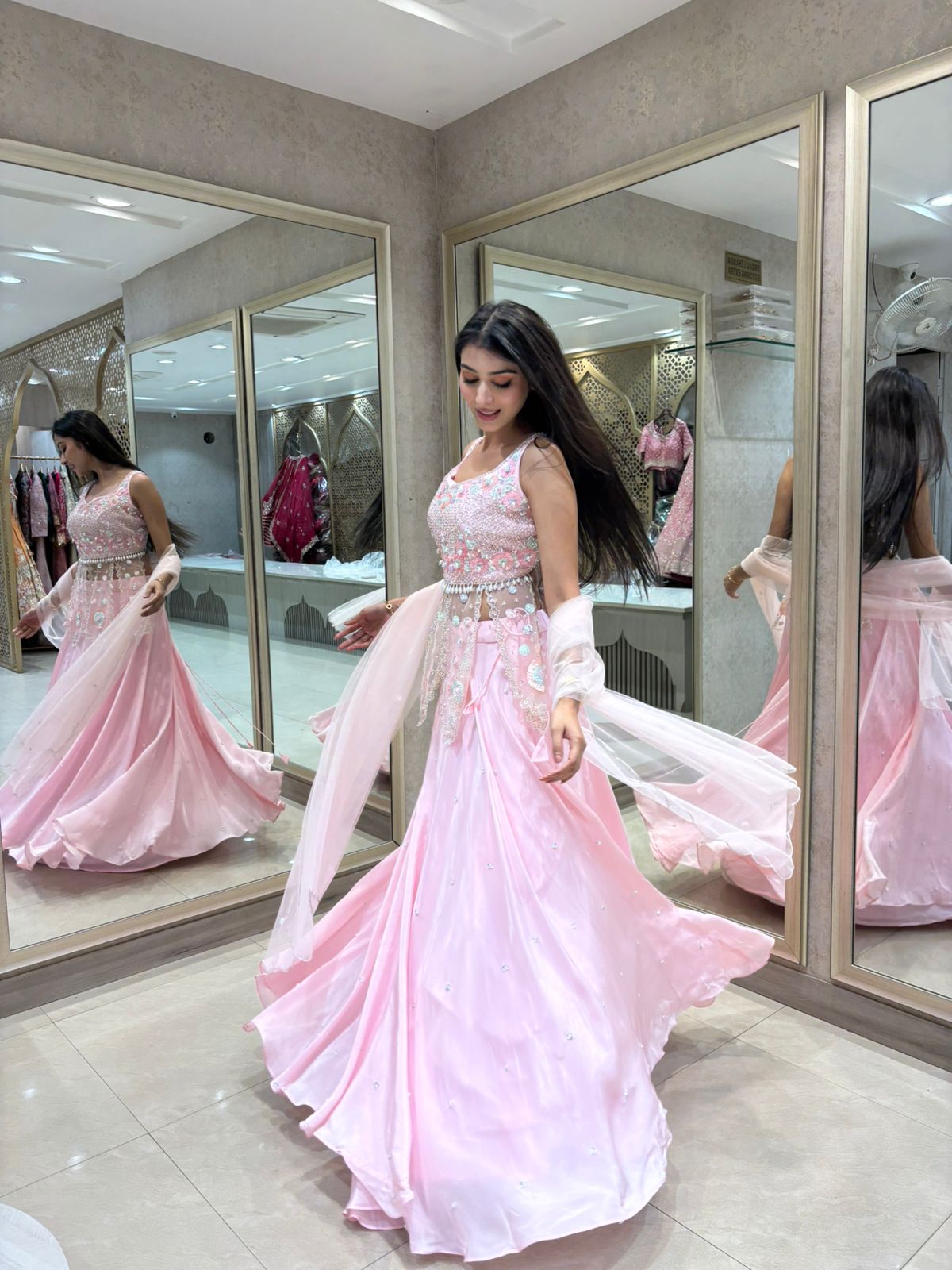 Blush Pink Crape Silk Lehenga Set with Pearl Embroidered Blouse & Dupatta