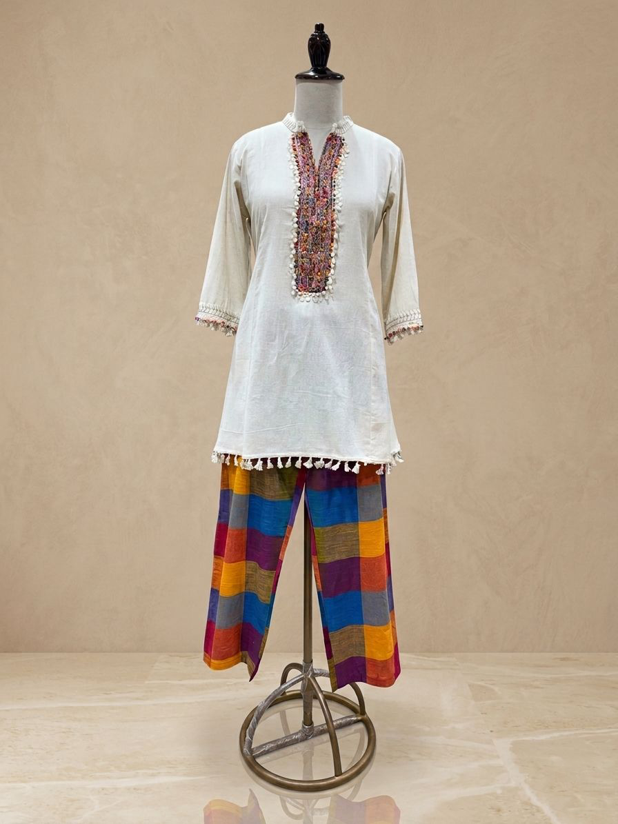 Ivory Beaded V-Neck Kaftan Tunic