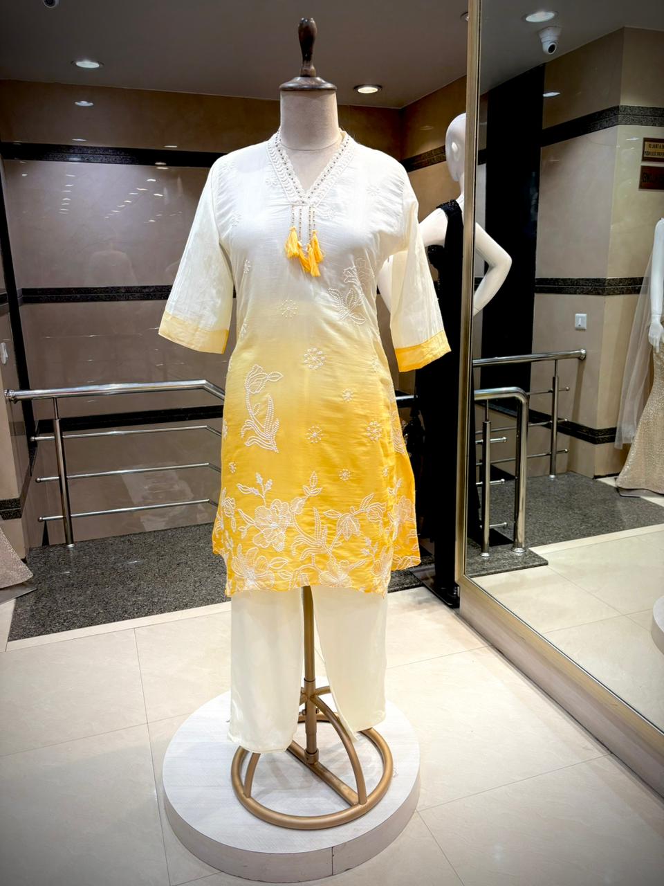 Sun-Kissed Petals White & Yellow Ombre Chikankari Set