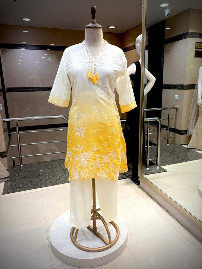 Sun-Kissed Petals White & Yellow Ombre Chikankari Set Hover Image