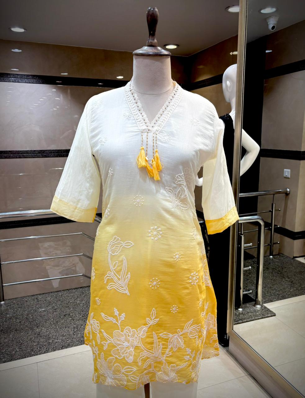 Sun-Kissed Petals White & Yellow Ombre Chikankari Set