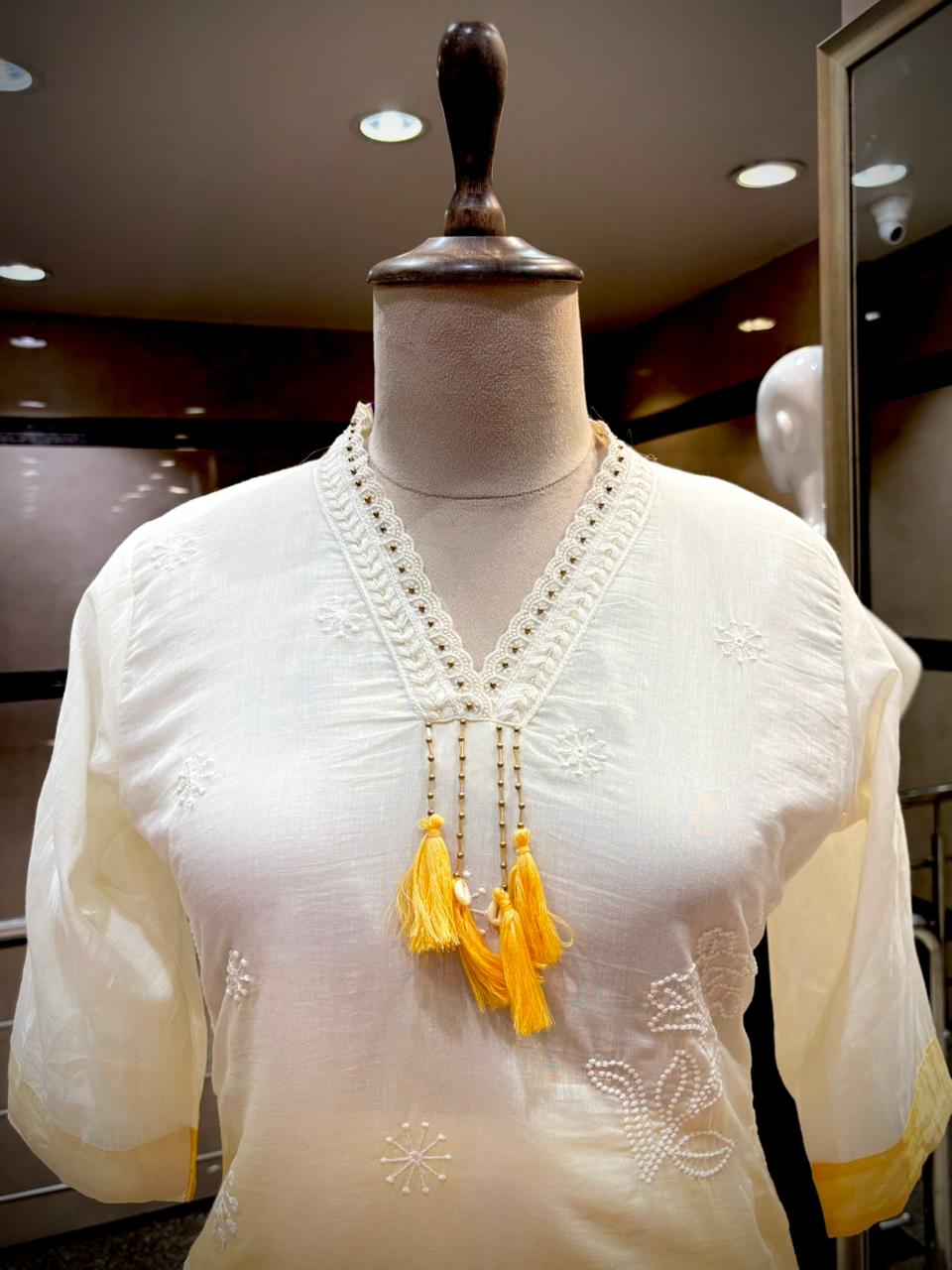Sun-Kissed Petals White & Yellow Ombre Chikankari Set