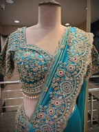 Teal Blue Embroidered Saree Set