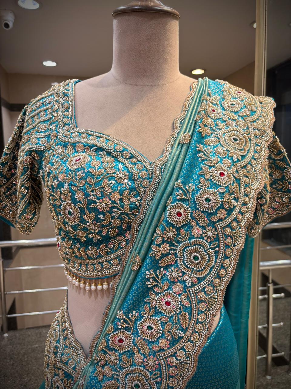 Teal Blue Embroidered Saree Set